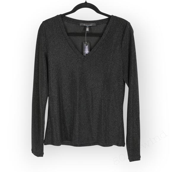 NEW Medium WHBM Long Sleeve Sparkle Knit Black Metallic V-Neck Stretch - Picture 9 of 9